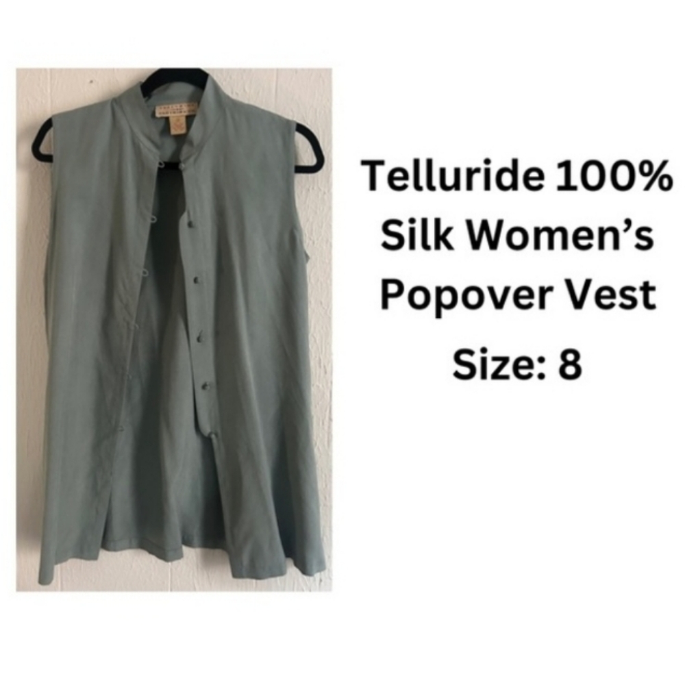 TELLURIDE 100% Silk Popover Vest Sleeveless Blouse Button-Up Top in Sage Green 8 - Picture 4 of 8